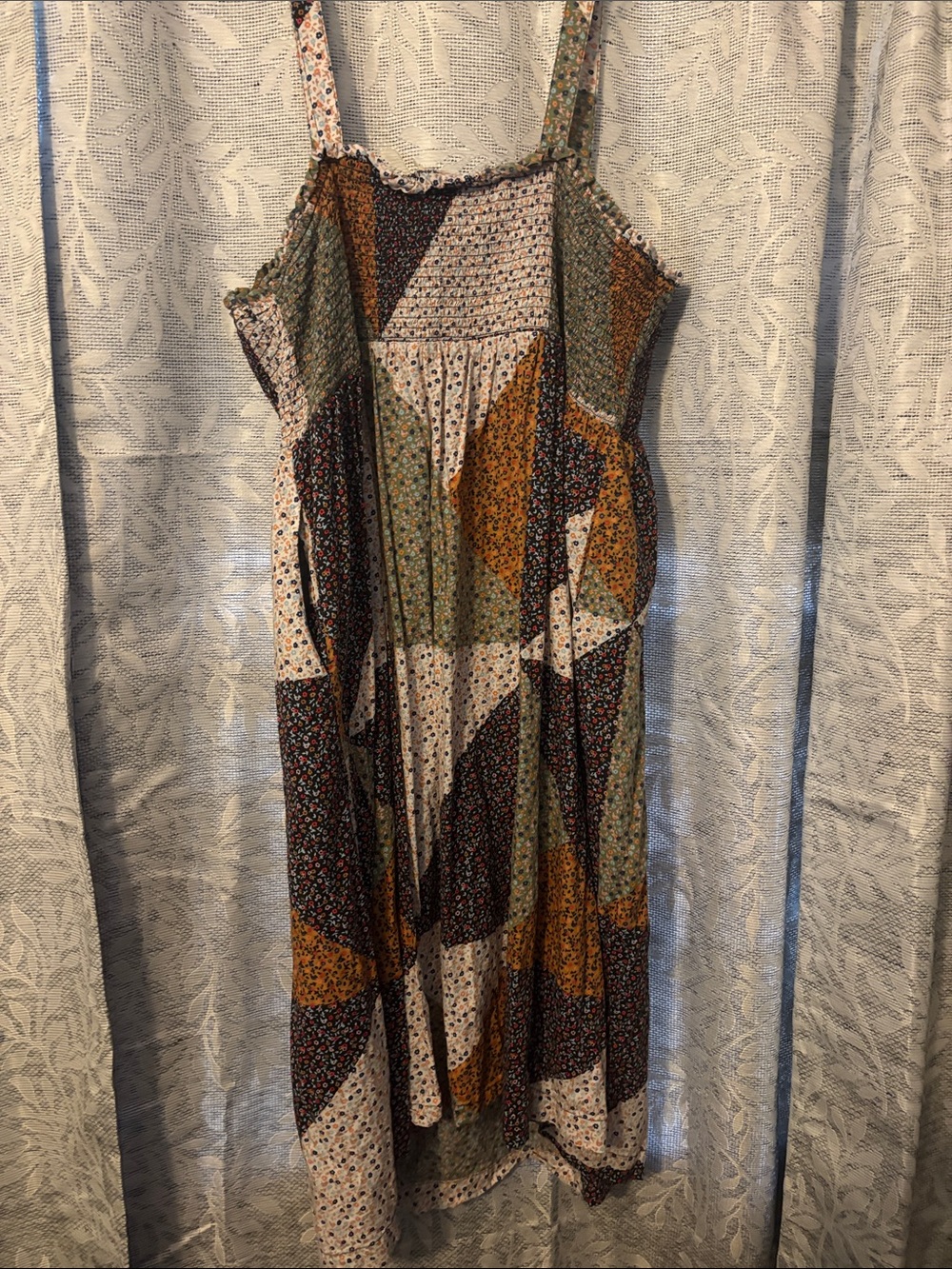 Patchwork Floral Sleeveless Midi Dress in Olive, Mustard & Brown - Picture 4 of 4